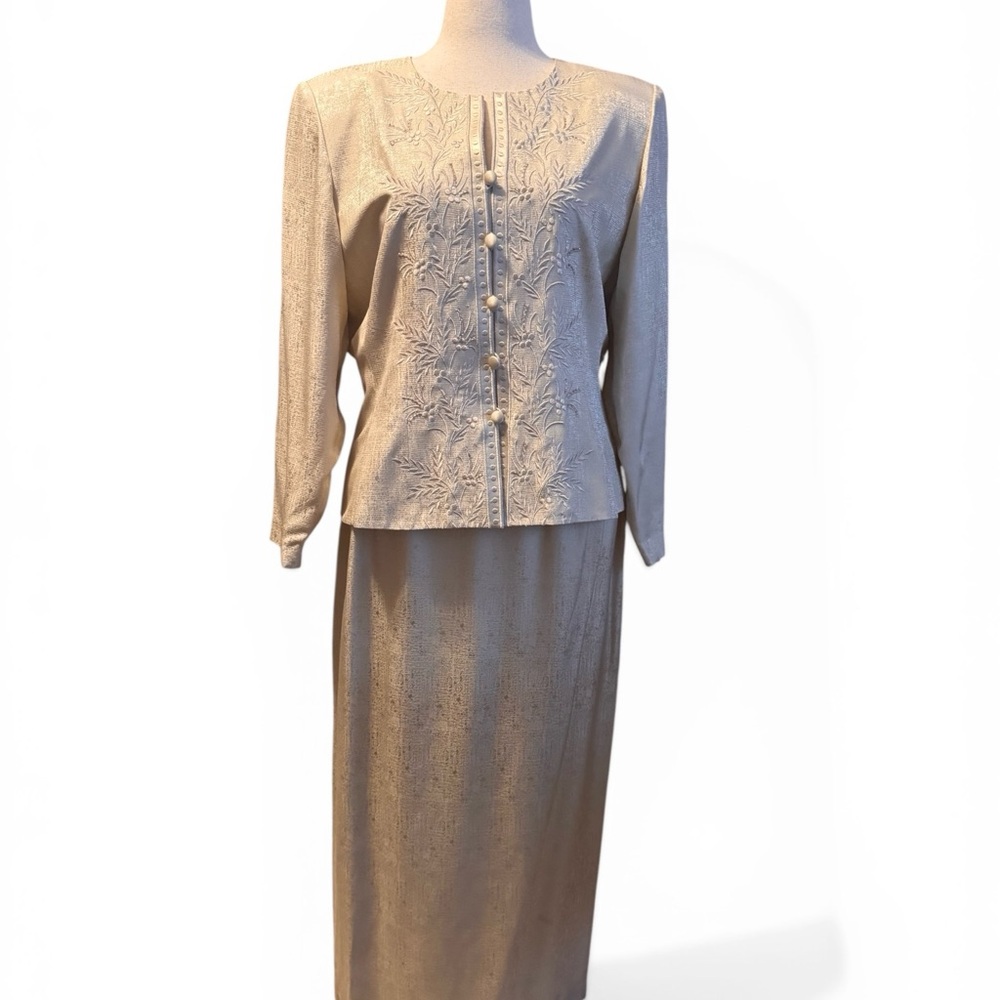 Adrianna Papell Elegant Silk Maxi Skirt and Jacket Set, Beaded Embroidery Sz 16